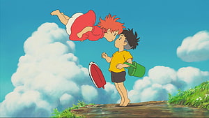 Ponyo on the Cliff by the Sea: Studio Ghibli Animated Scene of Two Children in the Sky HD wallpaper