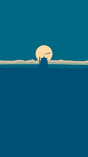 Spirited Away Aesthetic Minimalist Night Sky with Full Moon and Pagoda Silhouette HD phone wallpaper