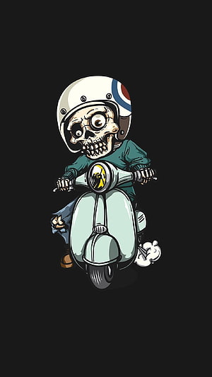 Cartoon Skull Rider on Mint Scooter with White Helmet and Teal Jacket HD phone wallpaper