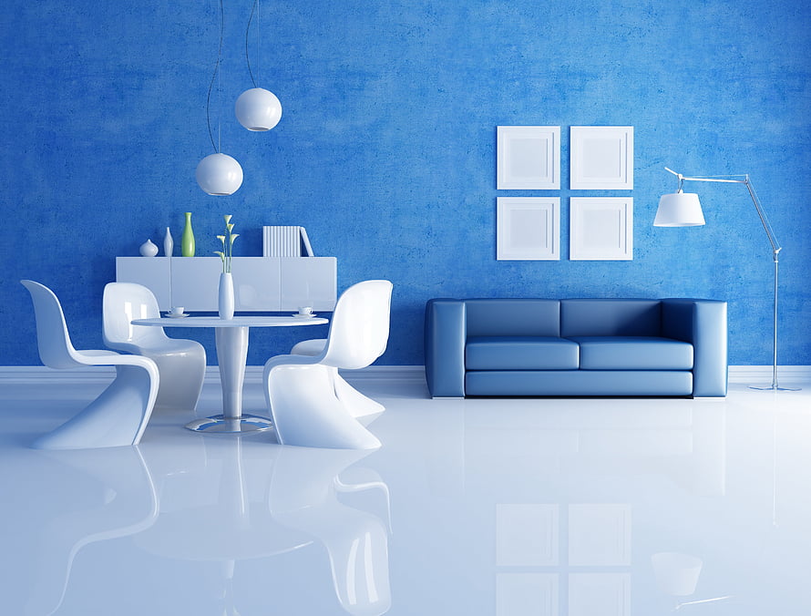 Modern Blue Living Room With White Sculptural Chairs And Glossy Floor HD wallpaper