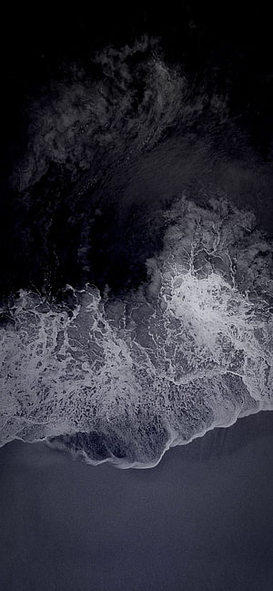 Dark Aerial Ocean Waves Crashing on Black Sand Beach Minimalist Wallpaper HD phone wallpaper