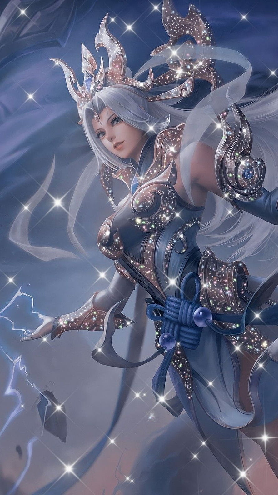 Selena from Mobile Legends Bang Bang in ornate celestial armor with sparkling starlight effects HD phone wallpaper