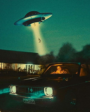 Retro Sci-Fi Illustration of a UFO Beaming a Figure Over a Classic Car at Night HD phone wallpaper