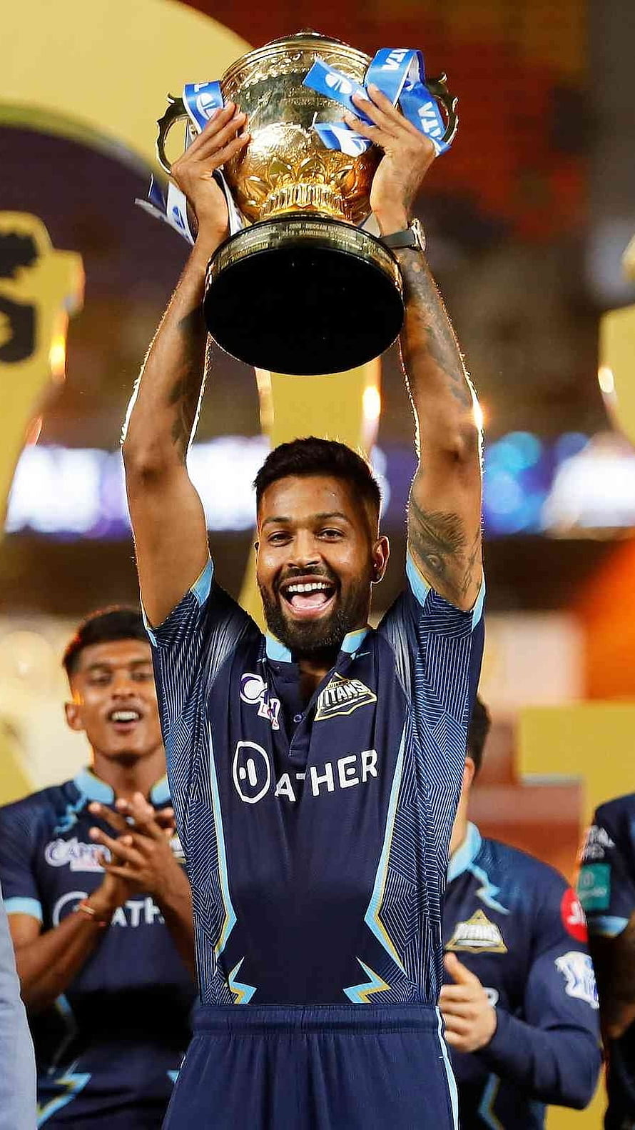 Hardik Pandya Lifts Gujarat Titans Trophy in IPL Celebration HD phone wallpaper