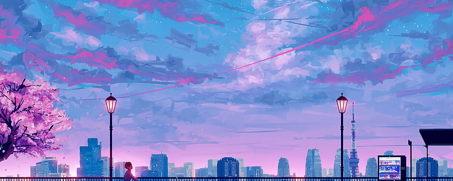 Anime Cityscape with Cherry Blossoms and Tokyo Skyline at Dusk HD wallpaper