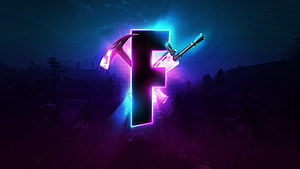Neon Fortnite Logo With Pickaxe And Rifle In Dark Forest Landscape HD wallpaper