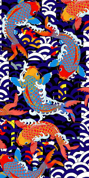 Traditional Japanese Koi Fish Swimming Through Seigaiha Wave Pattern HD phone wallpaper