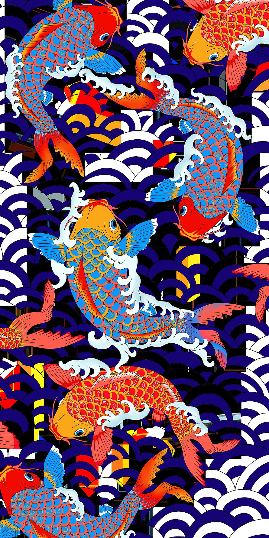 Traditional Japanese Koi Fish Swimming Through Seigaiha Wave Pattern HD phone wallpaper