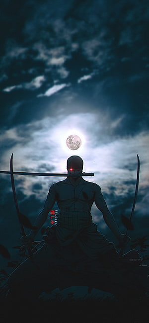 Roronoa Zoro Silhouette with Three Swords Under a Full Moon in One Piece HD phone wallpaper