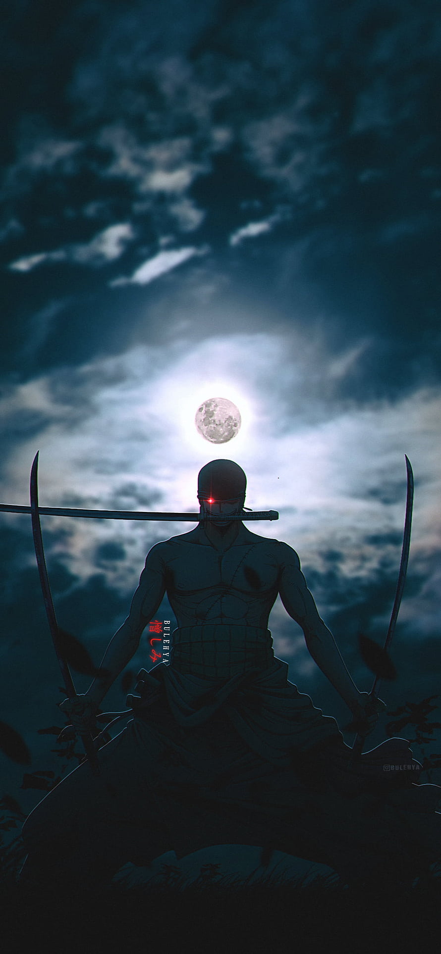 Roronoa Zoro Silhouette with Three Swords Under a Full Moon in One Piece HD phone wallpaper