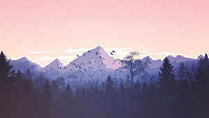 Minimalist Mountain Landscape with Birds and Forest Silhouettes at Sunset HD wallpaper