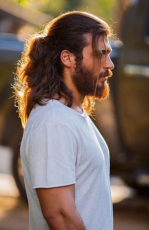 Can Yaman in Profile with Long Hair and Full Beard Wearing a White T-Shirt HD phone wallpaper