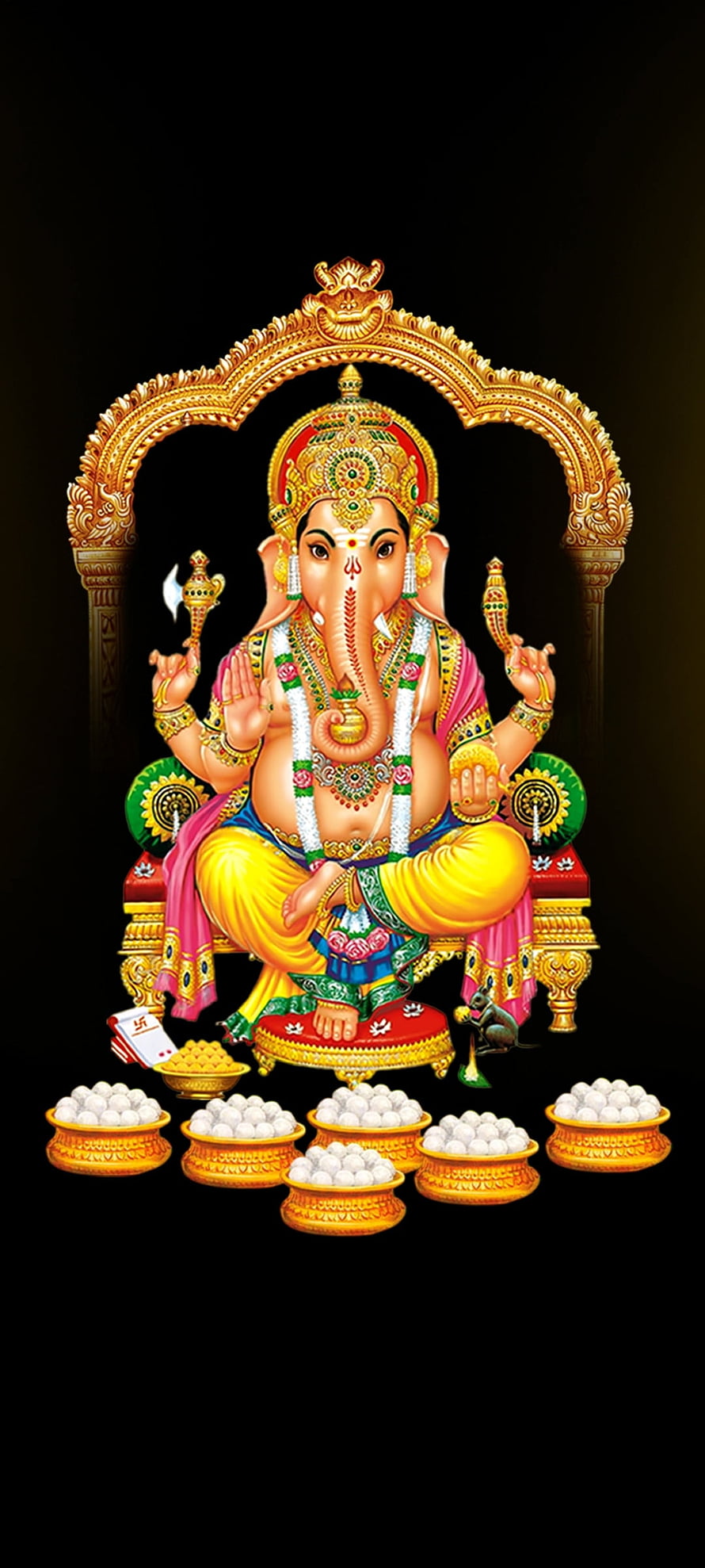 Lord Ganesha Seated on Ornate Throne with Modak Offerings and Golden Arch HD phone wallpaper