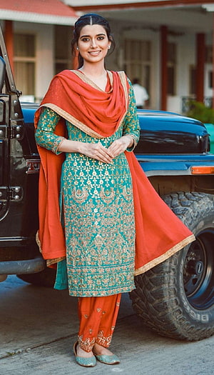 Nimrat Khaira in Teal and Orange Embroidered Salwar Kameez with Dupatta HD phone wallpaper