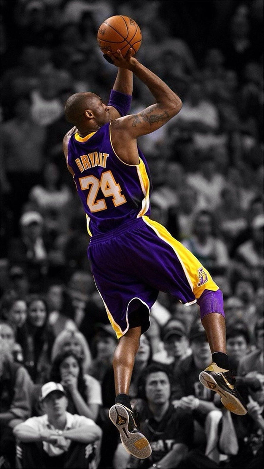 Kobe Bryant in Lakers Purple Jersey Mid-Air Layup with Selective Color Effect HD phone wallpaper