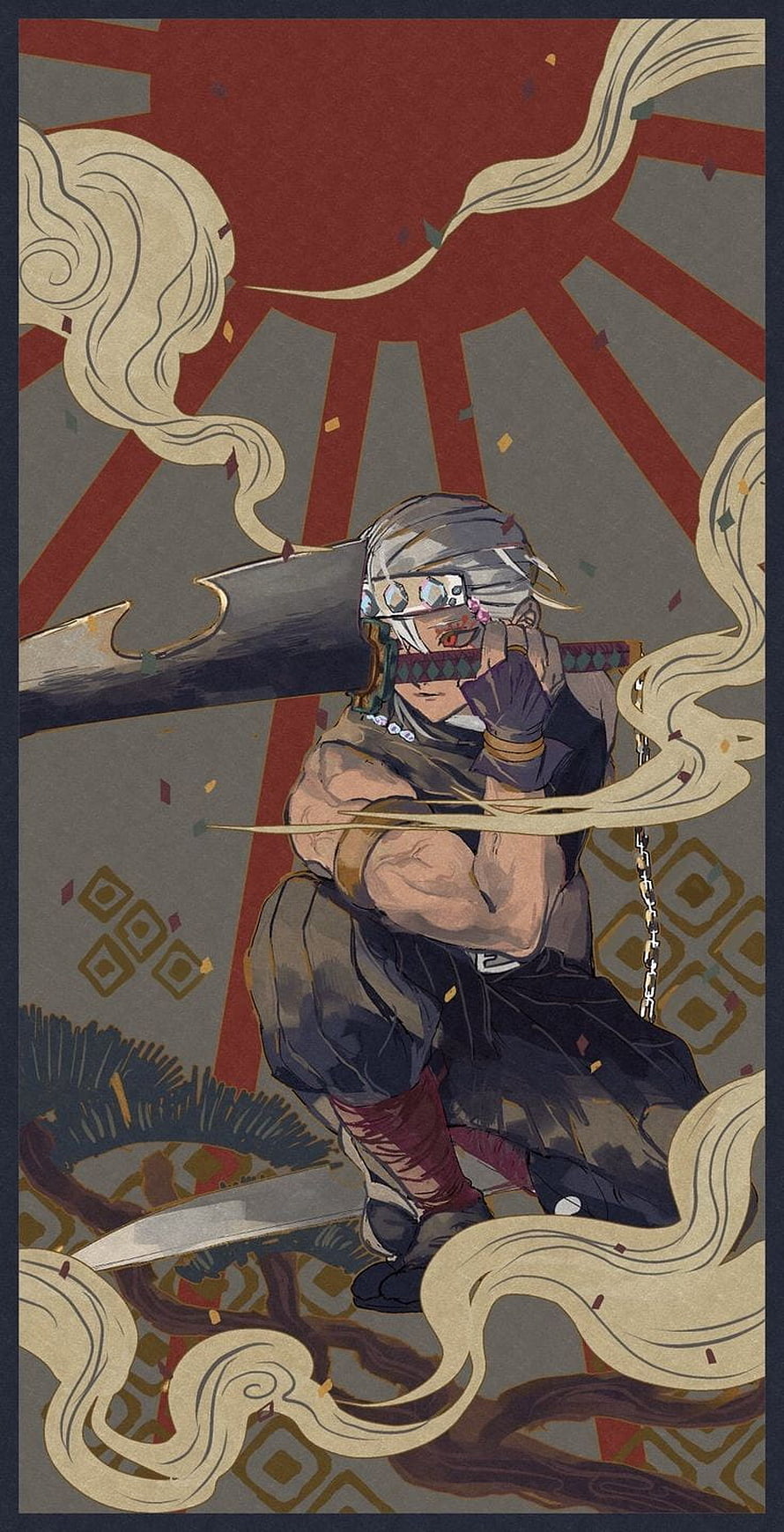 Tengen Uzui from Demon Slayer in a dynamic ukiyo-e style illustration with a katana and swirling clouds HD phone wallpaper
