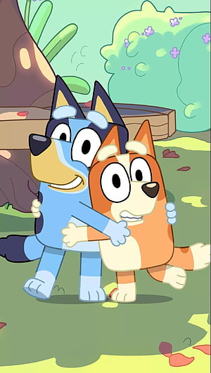 Bluey and Bingo Hugging in a Sunny Garden from the Bluey Cartoon Series HD phone wallpaper