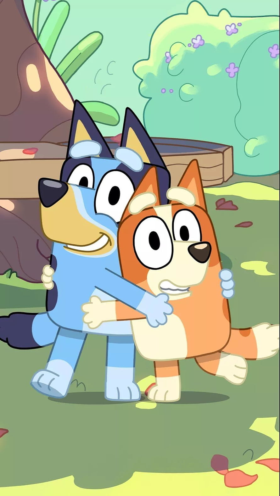 Bluey and Bingo Hugging in a Sunny Garden from the Bluey Cartoon Series HD phone wallpaper
