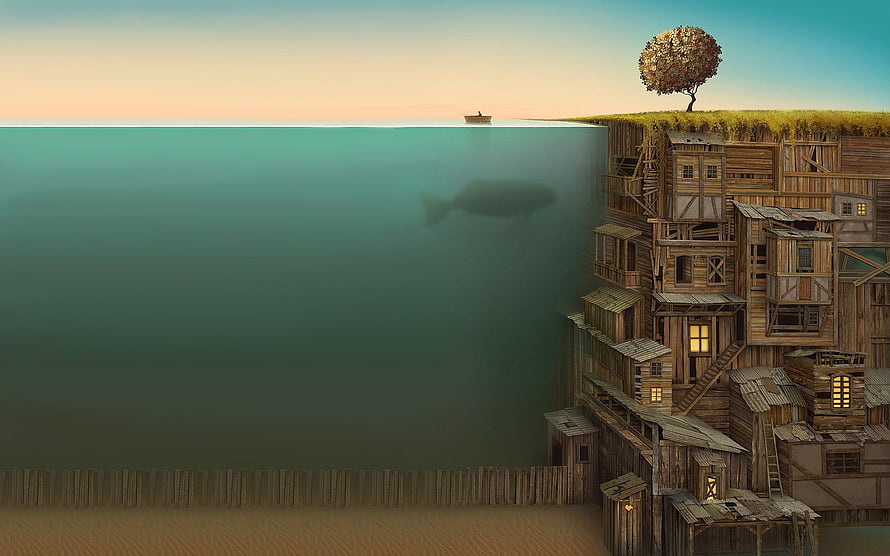 Surreal Cliffside Village with Underwater Fish and Lone Tree HD wallpaper