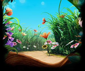 Pixie Hollow Meadow with Colorful Wildflowers and Tall Grass Under a Clear Blue Sky HD wallpaper