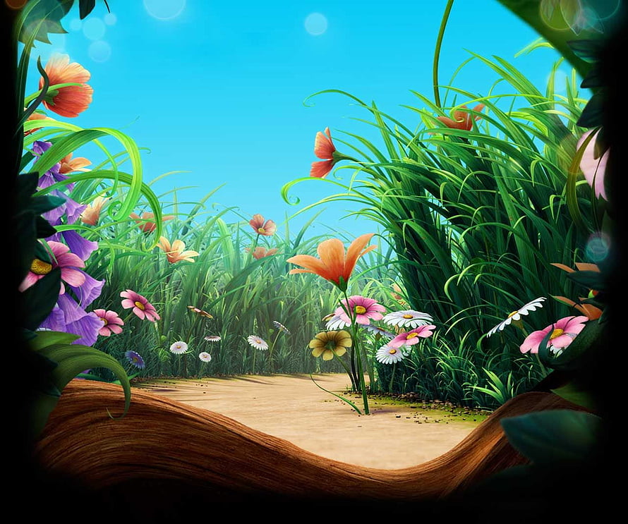 Pixie Hollow Meadow with Colorful Wildflowers and Tall Grass Under a Clear Blue Sky HD wallpaper