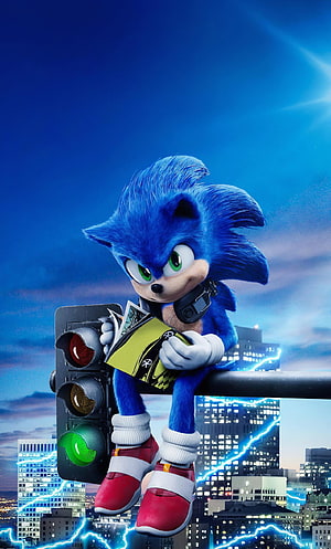 Sonic the Hedgehog Sitting on Traffic Light with Comic Book in City Skyline HD phone wallpaper