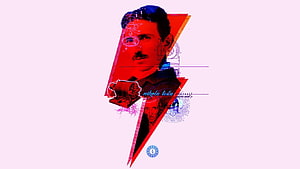 Nikola Tesla Glitch Art Portrait with Lightning Bolt and Vintage Electrical Schematics HD wallpaper