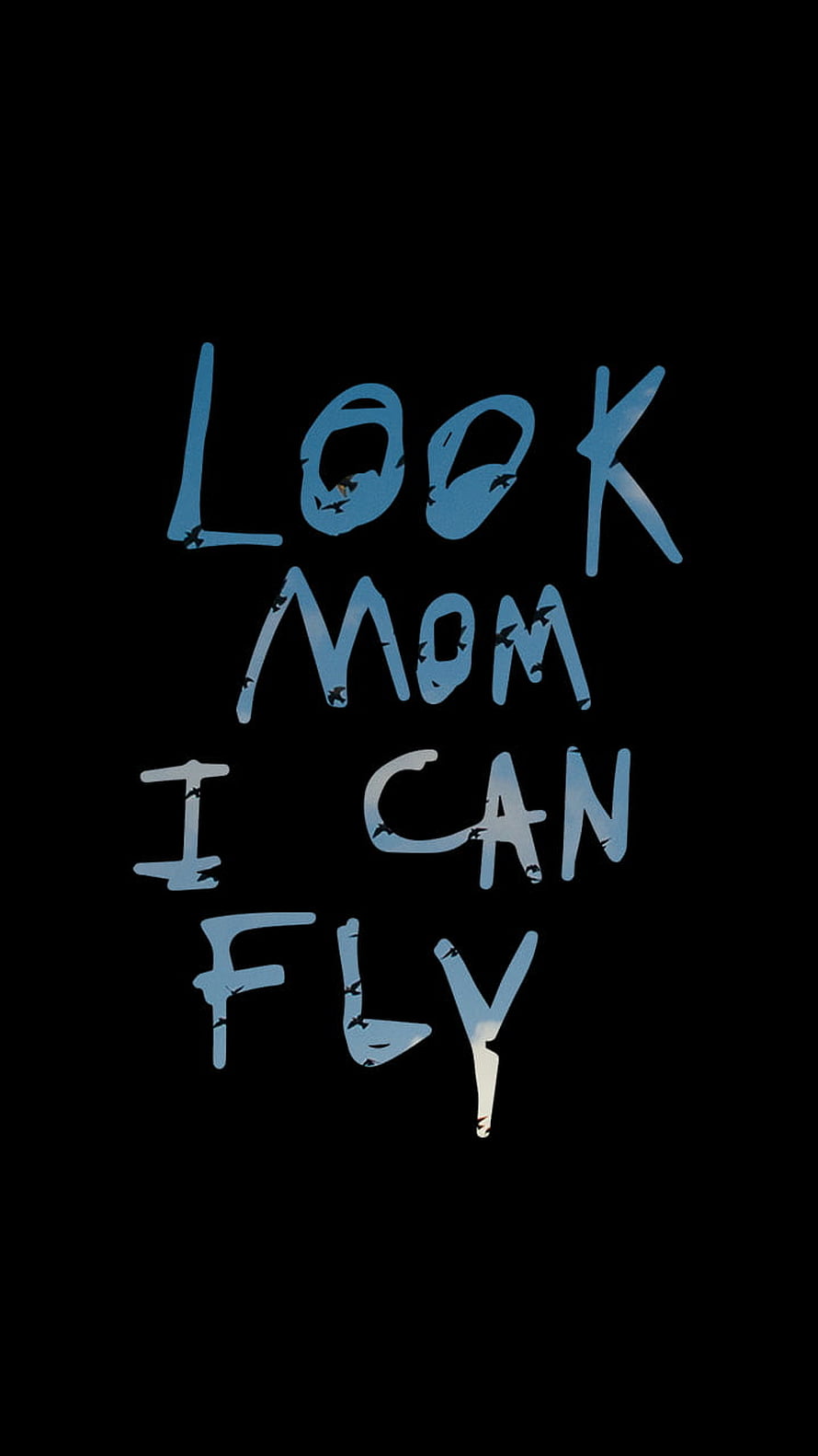 Travis Scott Look Mom I Can Fly Album Artwork with Handwritten Blue Text on Black Background HD phone wallpaper