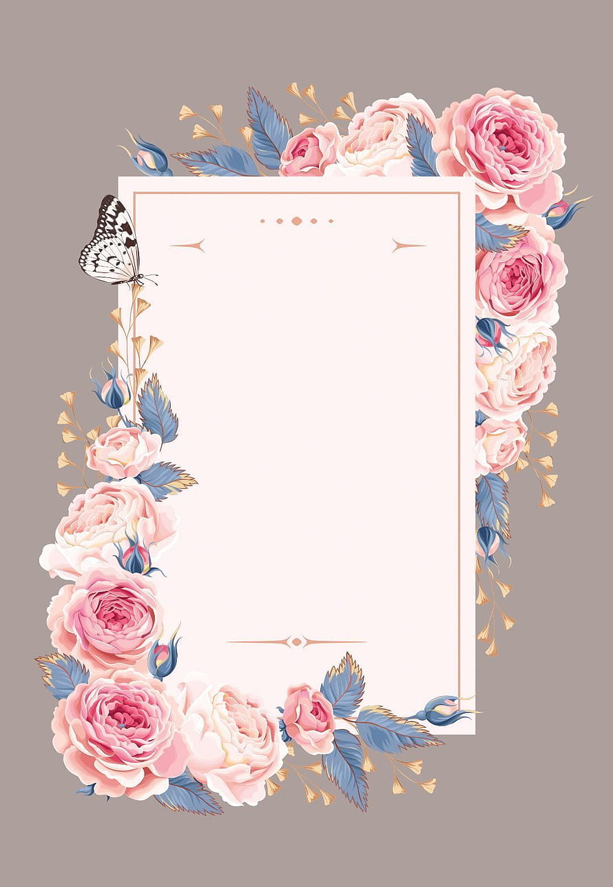Elegant Floral Wedding Invitation Template with Pink Roses and Butterfly HD phone wallpaper