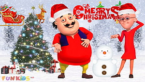 Motu Patlu Christmas Celebration with Snowman and Decorated Tree HD wallpaper
