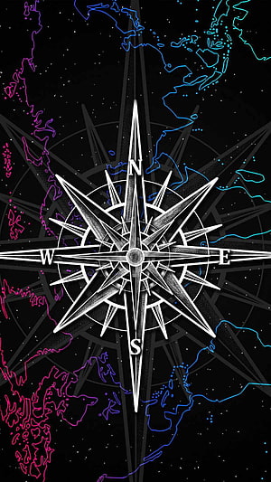 Neon Compass Rose Over World Map Outline on Black Background HD phone wallpaper
