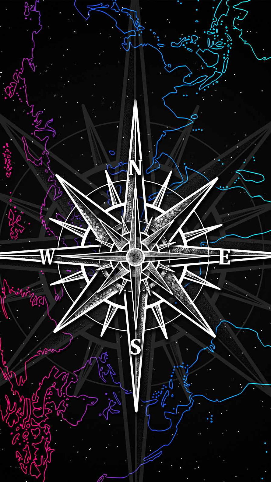 Neon Compass Rose Over World Map Outline on Black Background HD phone wallpaper