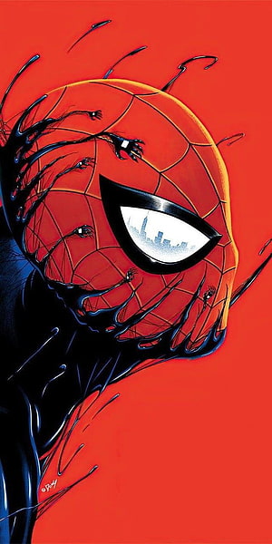 Spider-Man Venom Symbiote Artwork with Black Tentacles and Red Background HD phone wallpaper