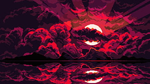 Crimson Pixel Art Sunset Over Dark Clouds with Water Reflection HD wallpaper