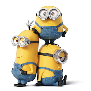 Three Minions Stacked Together in Denim Overalls and Goggles HD phone wallpaper