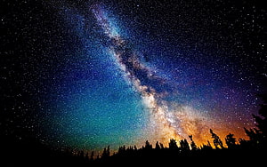 Milky Way Galaxy Arching Over a Dark Forest Silhouette at Night HD wallpaper