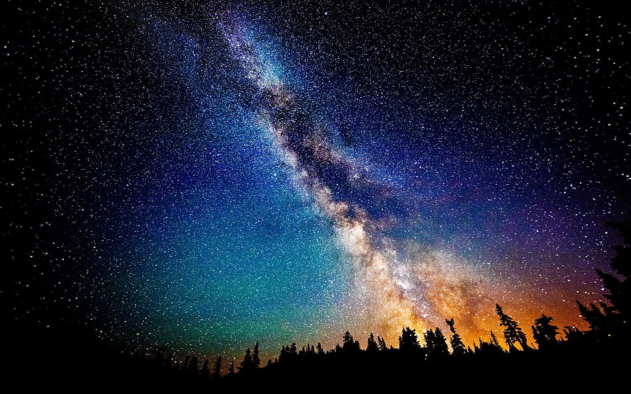 Milky Way Galaxy Arching Over a Dark Forest Silhouette at Night HD wallpaper