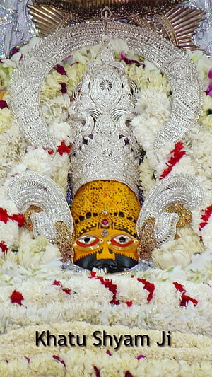 Khatu Shyam Ji adorned in ornate silver crown and white floral garlands HD phone wallpaper