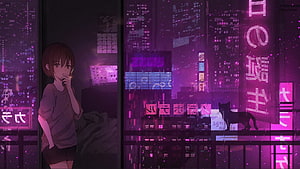 Anime Girl on Balcony in Neon Purple Rainy City with Cat HD wallpaper