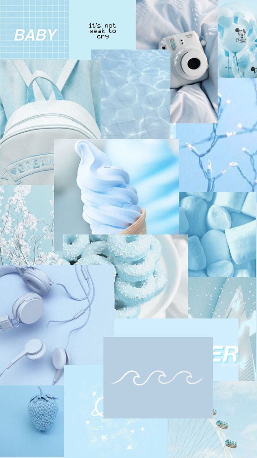 Soft Blue Aesthetic Collage Featuring Ice Cream, Headphones, and Pastel Objects HD phone wallpaper