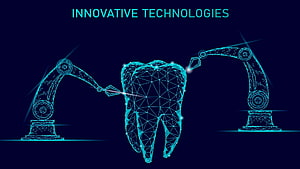 Digital Dental Technology Concept with Robotic Arms and Wireframe Tooth HD wallpaper