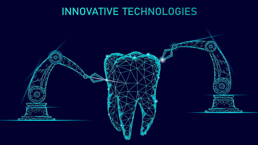 Digital Dental Technology Concept with Robotic Arms and Wireframe Tooth HD wallpaper