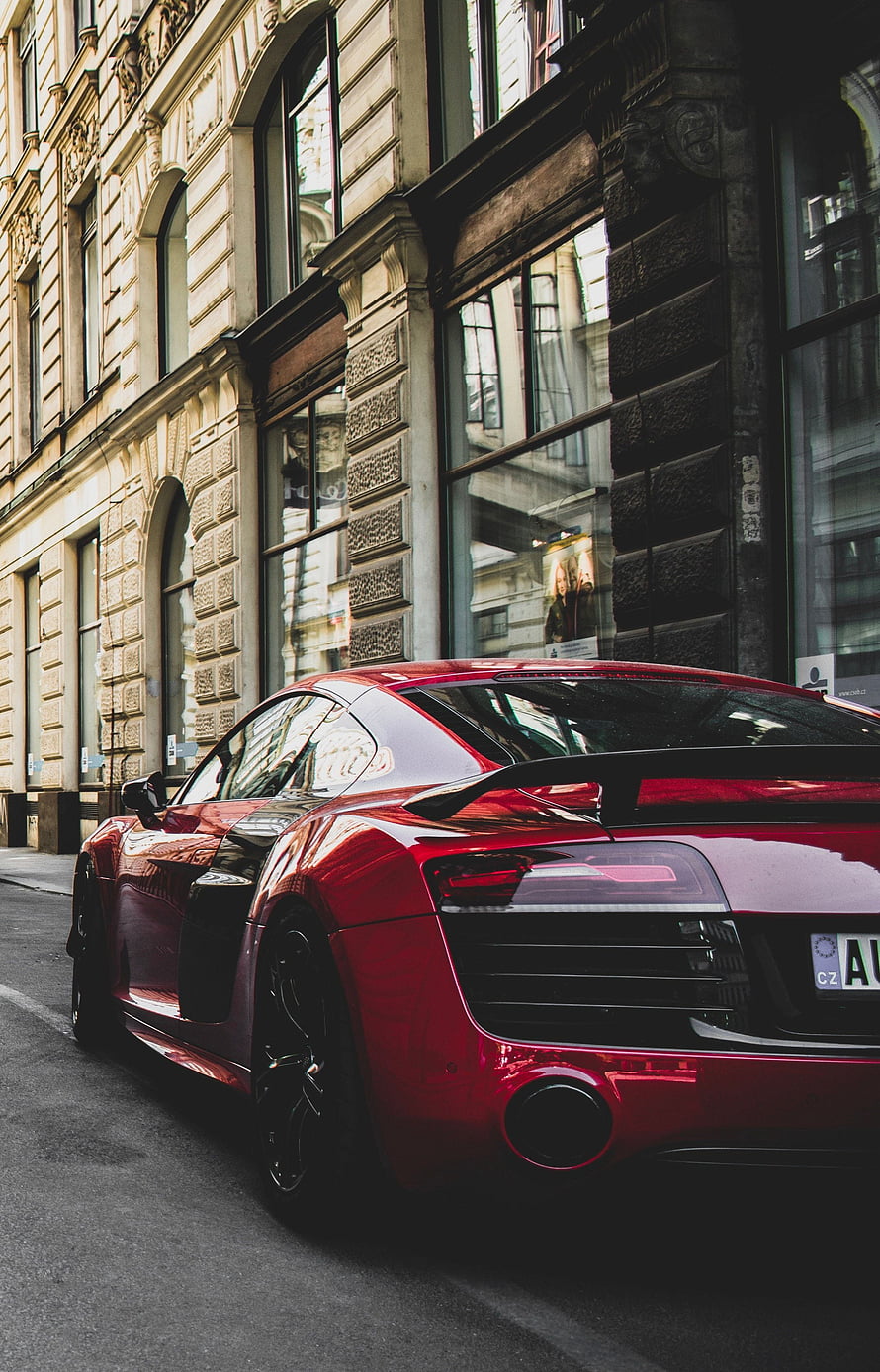 Red Audi R8 Rear View Parked on European City Street HD phone wallpaper