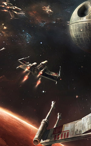 Star Wars X-Wing Starfighter Flying Past Death Star and Red Planet in Deep Space HD phone wallpaper