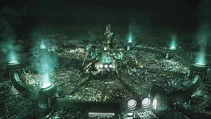 Final Fantasy VII Remake Midgar Cityscape with Industrial Towers and Green Haze HD wallpaper
