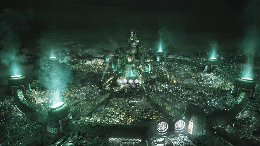 Final Fantasy VII Remake Midgar Cityscape with Industrial Towers and Green Haze HD wallpaper