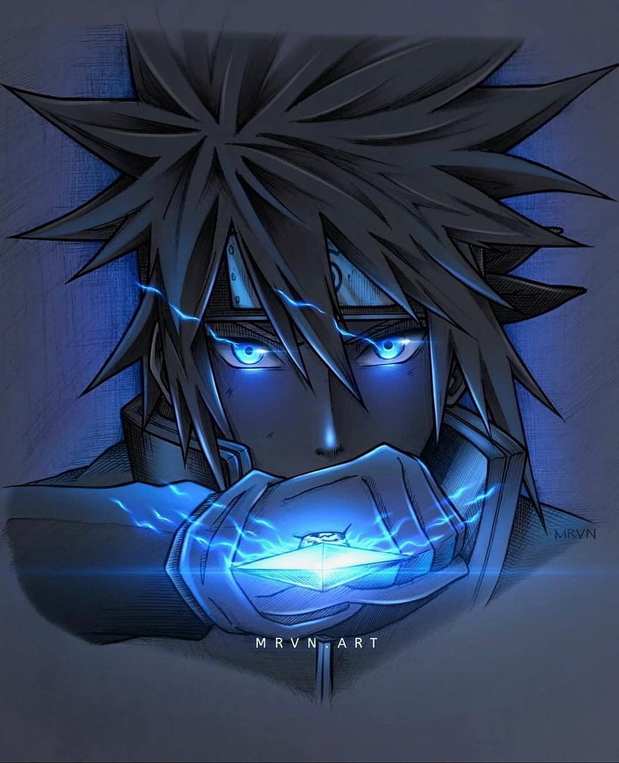 Minato Namikaze Chakra Seal Artwork with Blue Lightning and Glowing Eyes HD phone wallpaper