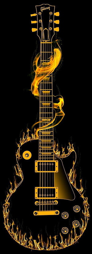 Gibson Les Paul Electric Guitar Enveloped in Golden Flames on Black Background HD phone wallpaper