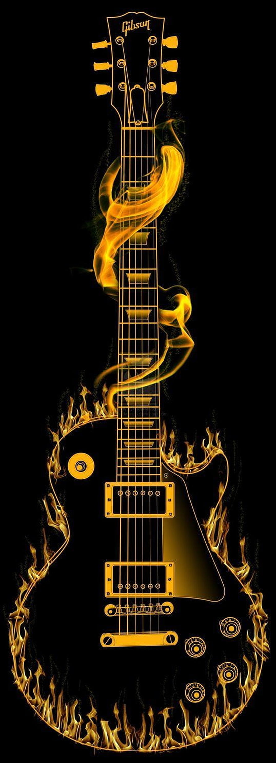 Gibson Les Paul Electric Guitar Enveloped in Golden Flames on Black Background HD phone wallpaper