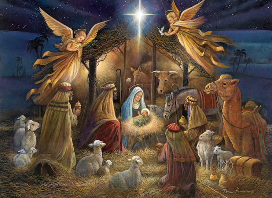 Traditional Nativity Scene with Wise Men, Angels, and Animals Under the Star of Bethlehem HD wallpaper